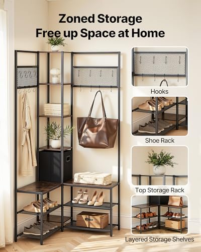 VEVOR Corner Hall Tree with Shoe Bench, 70.9 in Coat Rack - Image 4