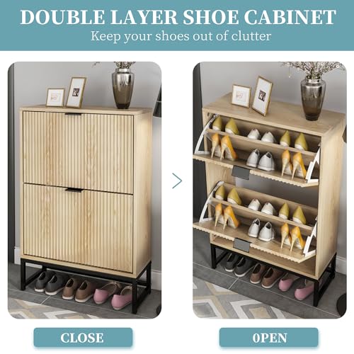 Shoe Storage Cabinet with 2 Flip Drawers Modern Fluted Shoe Rack - Image 8