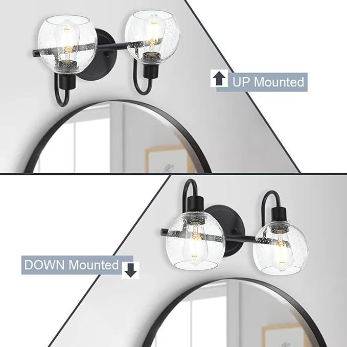 Black 2-Lights Wall Sconce Lighting with Seeded Glass Lampshades Industrial Bathroom Vanity Light Fixtures for Hallway Kitchen Bedroom
