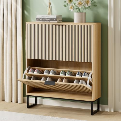 Shoe Cabinet Storage with 2 Flip Drawers and Metal Legs, Natural - Image 2
