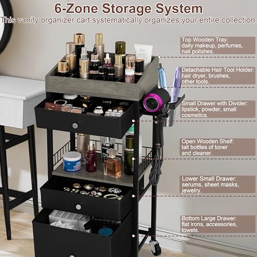 Makeup Organizer Cart, 3 Drawers, Rolling Storage, Black & Gray - Image 5