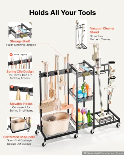 VEVOR Broom Holder with Cleaning Supplies Organizer, Metal Garage - Image 4