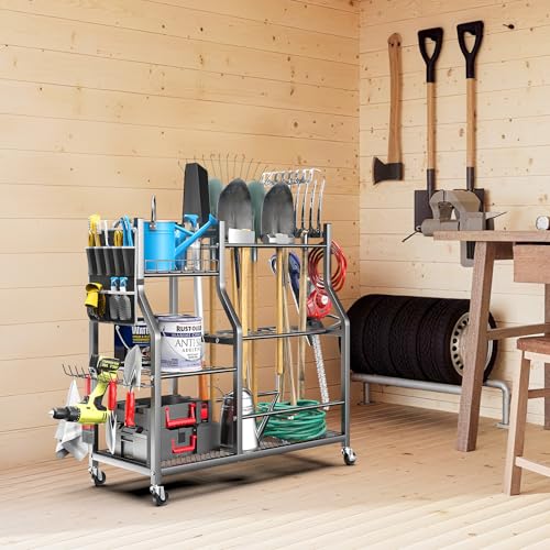 36" Large Garden Tool Organizer with Wheels & Side Tool Bag - Image 3