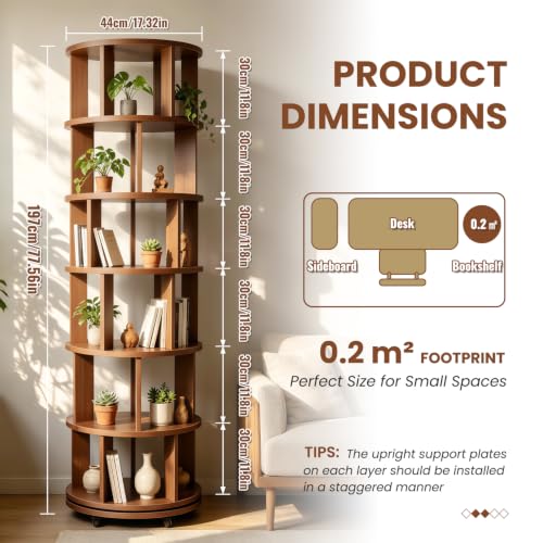 6 Tier Solid Wood Bookshelf with Wheels, 360° Rotating Book Shelf - Image 3