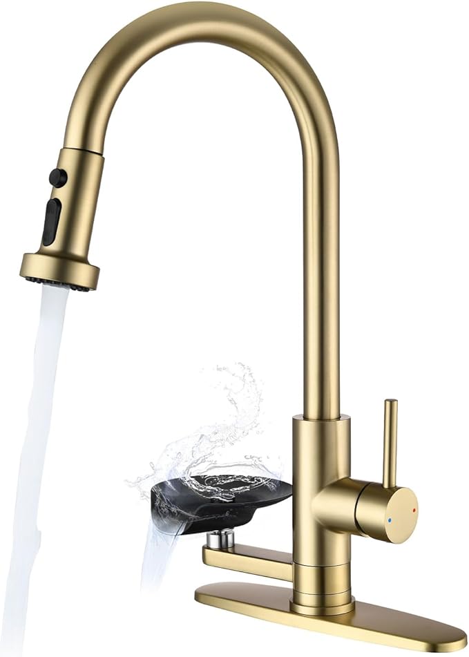 Kitchen Faucet with Glass Rinser, Pull Down Sink Faucet with 3 Spray Modes and High Pressure Glass Rinser, Single Hole 2 in 1 High Arc Stainless Steel Kitchen Faucets (Brushed Golden)
