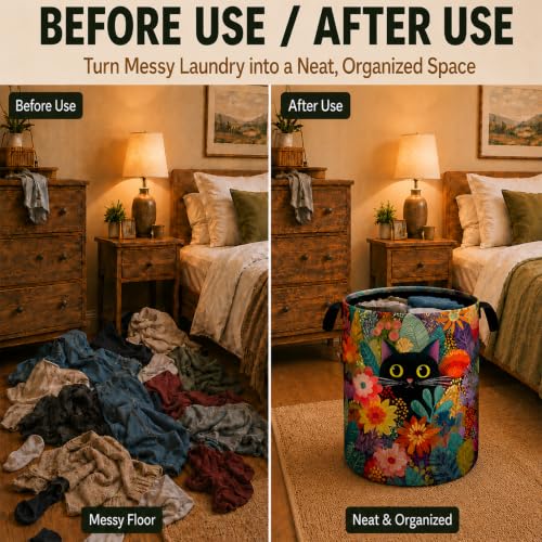 Black Cat Floral Laundry Basket Laundry Hamper | Home Organization - Image 6