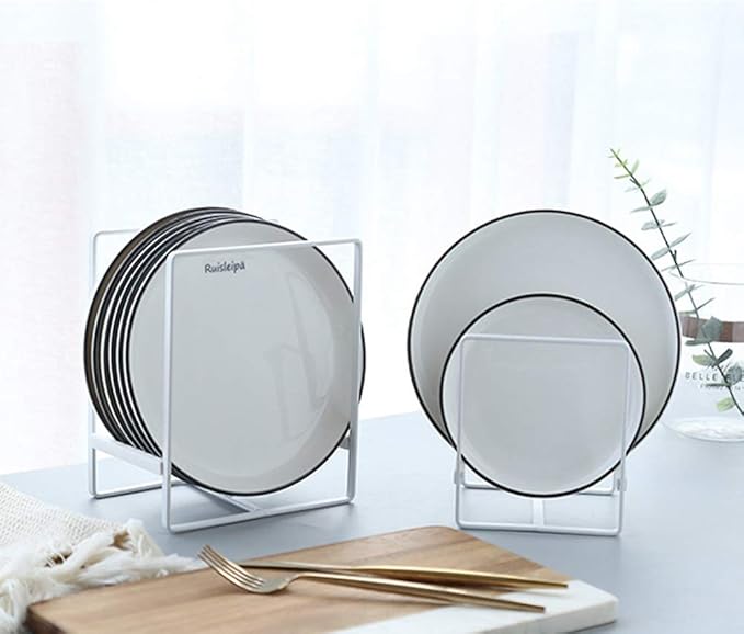 2PCS Plate Holders Organizer, Metal Dish Storage Dying Display Rack for Cabinet, Counter and Cupboard - White