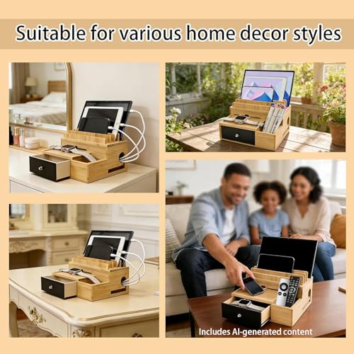 Bamboo Charging Station Organizer with Drawer and Pen Holder - Image 6