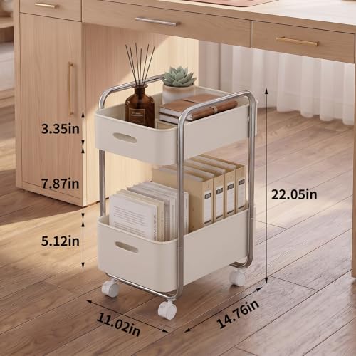 2-Tier Metal Rolling Cart Under Desk Storage Wheels Cream White - Image 3