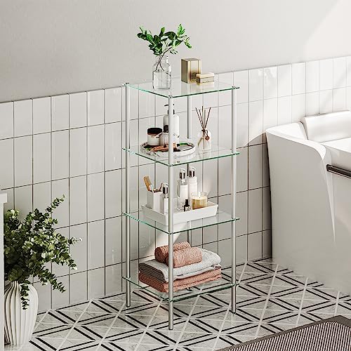 HOOBRO Glass Shelf, 4 Tier Bathroom Standing Shelf Unit - Image 3