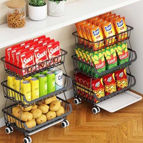 3-Tier Rolling Pantry Cart with Wheels, Stackable Wire Storage - Image 2