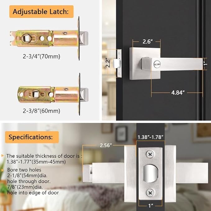 Probrico Heavy Duty Square Satin Nickel Privacy Door Levers, Interior Keyless Locks Bath/Bed Door Locksets, Reversible for Left/Right Handed Doors, 3 Pack