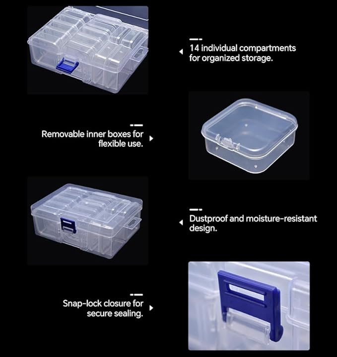 Bead Storage Box Clear Plastic Organizer Containers with Hinged Lids for Bracelet Making Nail Art Seed Beads Stack Craft Case Travel-Friendly Design (14pcs)