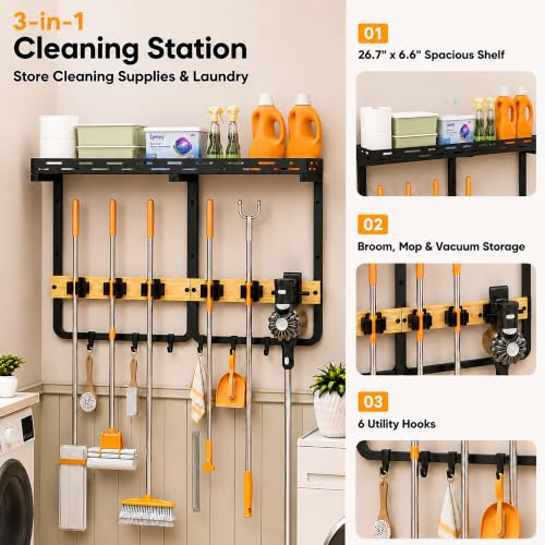 Mop and Broom Holder Wall Mount with Railing Shelf,3-in-1 - Image 4