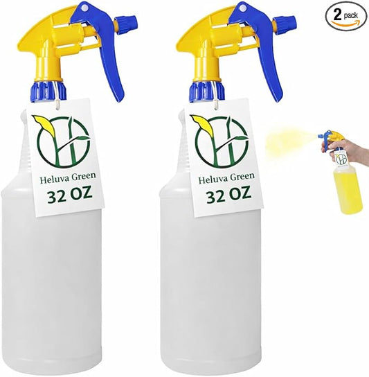 Heavy Duty 32oz Plastic Spray Bottles for Cleaning - Large Empty Industrial Bottles for Gardening Solutions, Vinegar, Chemicals, Professional Cleaners - Adjustable Sprayer Nozzle - Blue/Yellow 2 Pack