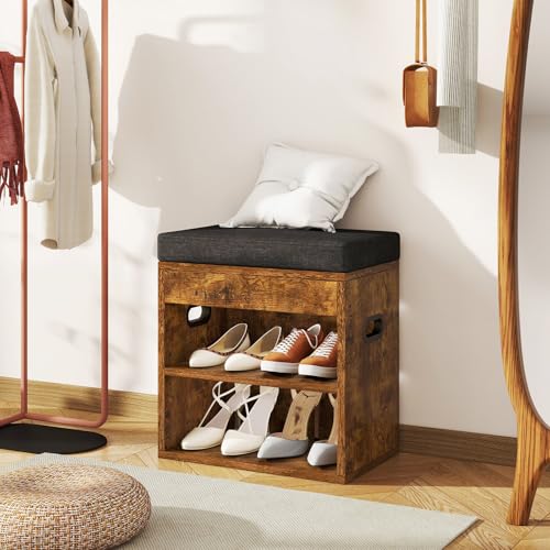 Small Shoe Storage Bench with Cushion and Drawer, Rustic Brown - Image 4