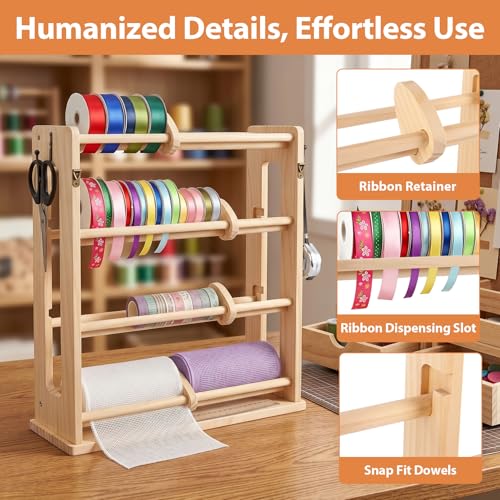4-Tier Ribbon Storage Rack, Wooden Ribbon Organizer Spool - Image 4