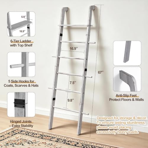 Blanket Ladder 67" Tall 6-Tier Wooden Farmhouse Rustic Towel Rack - Image 3