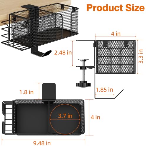 4-in-1 Clamp on Desk Cup Holder, Dual Compartment Mesh - Image 3