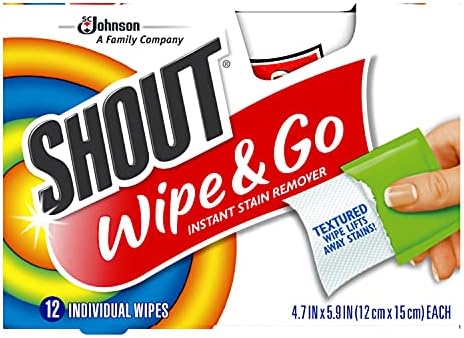 Shout Wipe & Go Instant Stain Remover Wipes, No Wash Required, Safe on Colorfast Washables, Travel & Baby Diaper Bag Essentials, Removes Grass, Coffee, Makeup & More, 12 Wipes (Pack of 6)