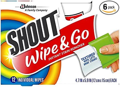 Shout Wipe & Go Instant Stain Remover Wipes, No Wash Required, Safe on Colorfast Washables, Travel & Baby Diaper Bag Essentials, Removes Grass, Coffee, Makeup & More, 12 Wipes (Pack of 6)