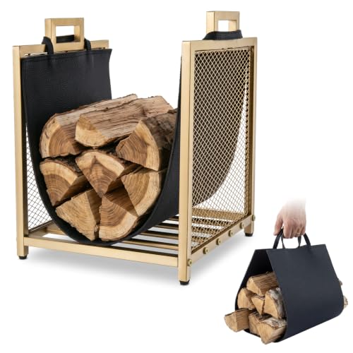 MyGift Gold Metal Wire Mesh Firewood Rack with Black - Image 2