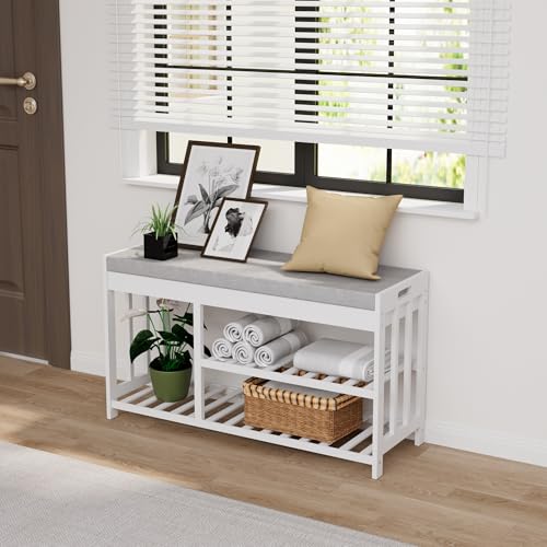 Bamboo Shoe Storage Bench with Cushioned Seat 3-Tier - Image 6