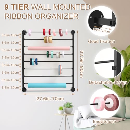 9 Tier Wall Mounted Ribbon Organizer Metal Ribbon Holder,Black - Image 3