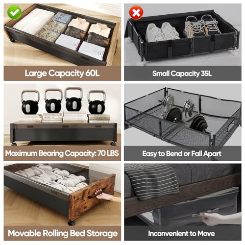 Wooden Under Bed Storage with Wheels, Rolling Under - Image 4