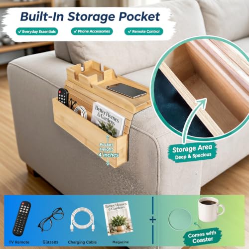 Bamboo Sofa Armrest Tray with Storage Pocket - Image 4
