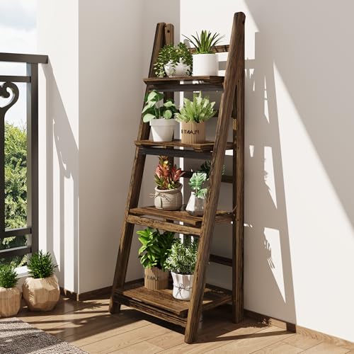 Ladder Shelf 4-Tier Foldable Solid Wood Bookshelf Plant Stand - Image 3