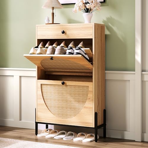 IRONCK Narrow Shoe Cabinet with 2 Flip Drawers and Rattan - Image 2