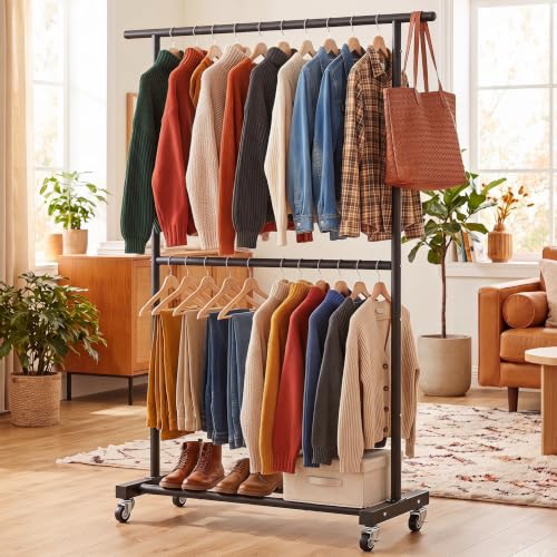 Sywhitta Double Rod Metal Clothing Garment Rack on Wheels, Black - Image 4