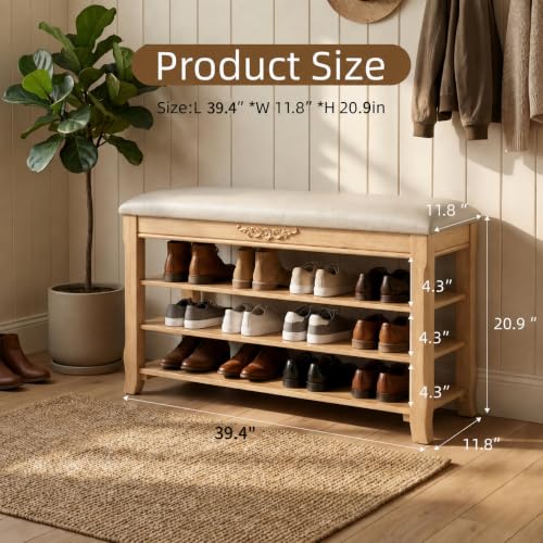 Shoe Rack Bench Entryway Storage with Leather Cushion, 39.4" - Image 3