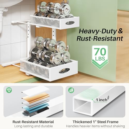 Under Sink Organizer, 2-Pack Pull Out Cabinet Organizer 2 Tier Metal Slide Out Storage Shelf Rack, L-Shaped Adjustable Height,Mesh Sliding Drawer for Kitchen, Bathroom, Laundry, Pa - Image 7