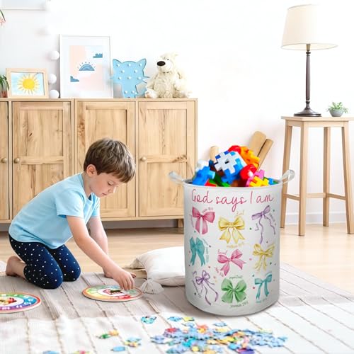 God Says I Am Colorful Bow Laundry Basket Hamper, Coquette - Image 6