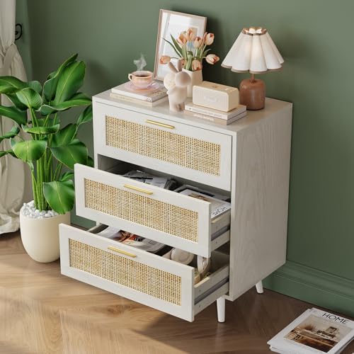 Trironsun Rattan Night Stand Boho End Table with 3 Storage Drawer - Image 5