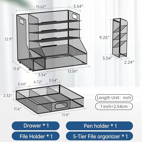 Desk Organizer with 5 Tier File Holder and Sliding Drawer Pen - Image 7