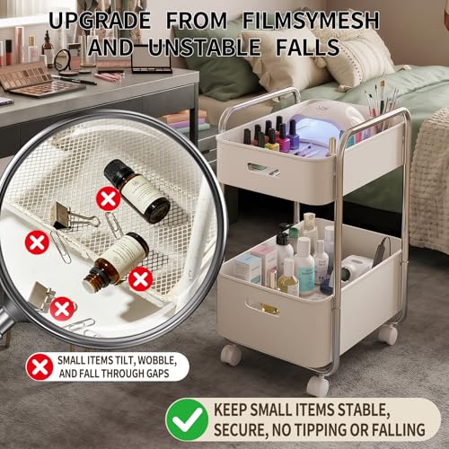 2-Tier Metal Rolling Cart Under Desk Storage Wheels Cream White - Image 7