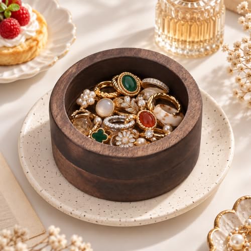 Ring Holder for Men Walnut Wood Ring Tray Round Wooden Jewelry - Image 7