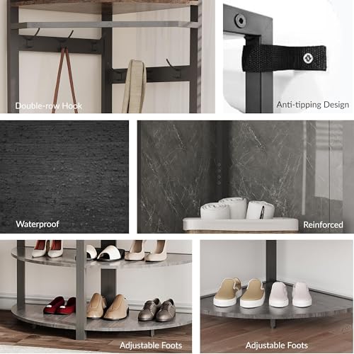 Corner Hall Tree with Shoe Bench & 6 Double Hooks, Space-Saving - Image 8