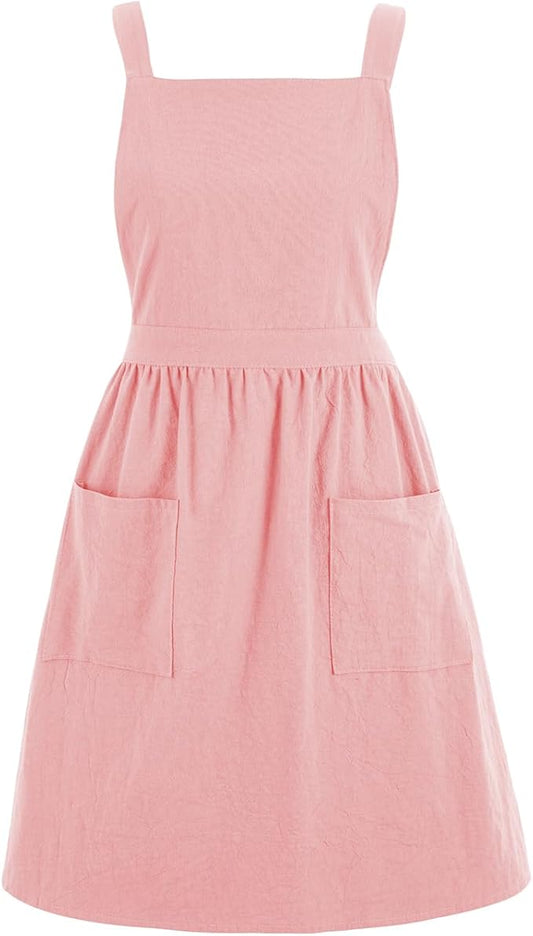 Cotton Linen Pinafore Apron Dress for Women with Pockets Cute Art Chef Aprons for Kitchen Baking Gardening Painting