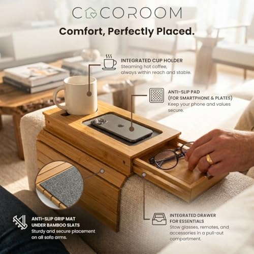 Sofa Arm Tray with Drawer, Bamboo Couch Armrest Table, Natural - Image 3