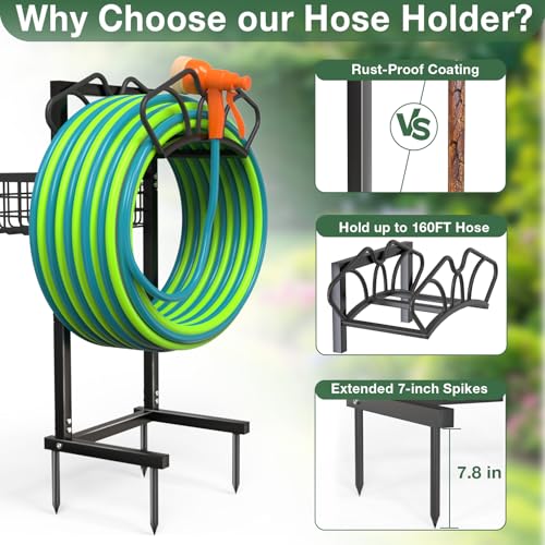 Garden Hose Holder with Large Basket, Heavy Duty Hose Reel, Black - Image 5