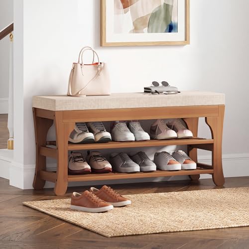 27.6" Shoe Storage Bench with Cushion, Bamboo Shoe Rack Bench - Image 2