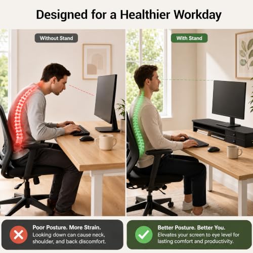 Dual Monitor Stand, 42.5 Inch Wood Monitor Riser with Drawers - Image 5