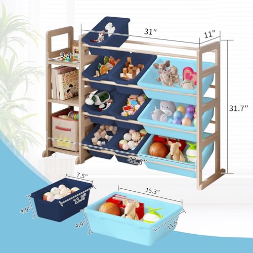 Kids Toy Storage Organizer, 3-Tier Bookshelf, 12 Blue Bins - Image 3