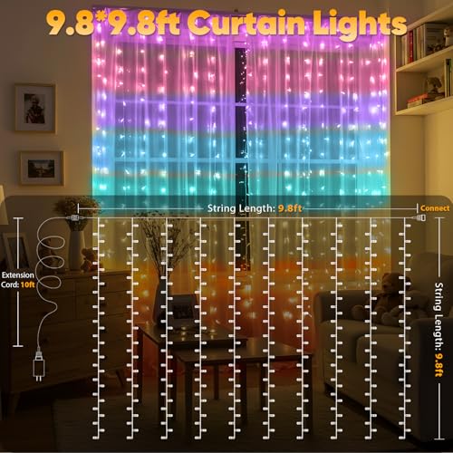 suddus Curtain Lights for Bedroom, 320 Led 9.8ft x9.8ft Hanging - Image 5