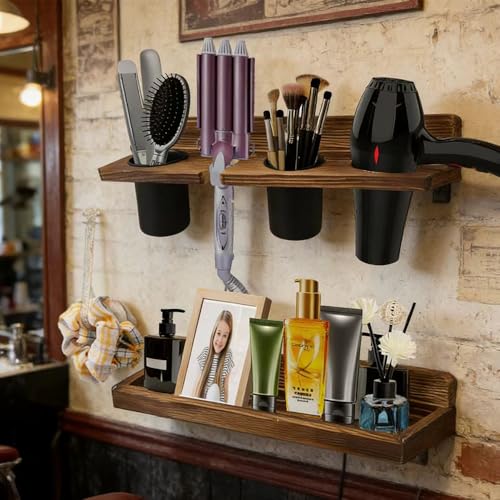 Hair Tool Organizer Wall Mount Holder, 2 Layer Rustic Blow - Image 7
