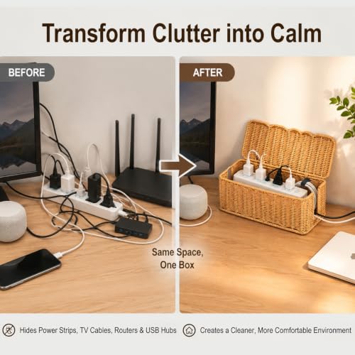 Cable Management Box, Handmade Scalloped Rattan Cable Organizer - Image 7